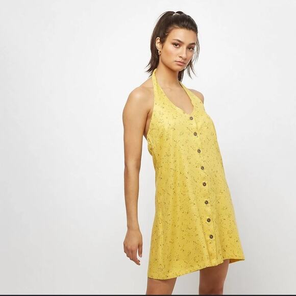 RVCA 90’s Baby Mustard Yellow Floral Button Front Halter Dress Women’s Medium - Picture 2 of 7